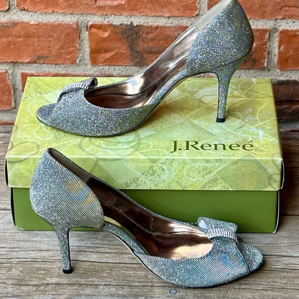 J RENEE Skylar Sparkle Shimmer Pewter Silver Heels Open Toe Pumps Sz 10M NEW - Picture 2 of 8